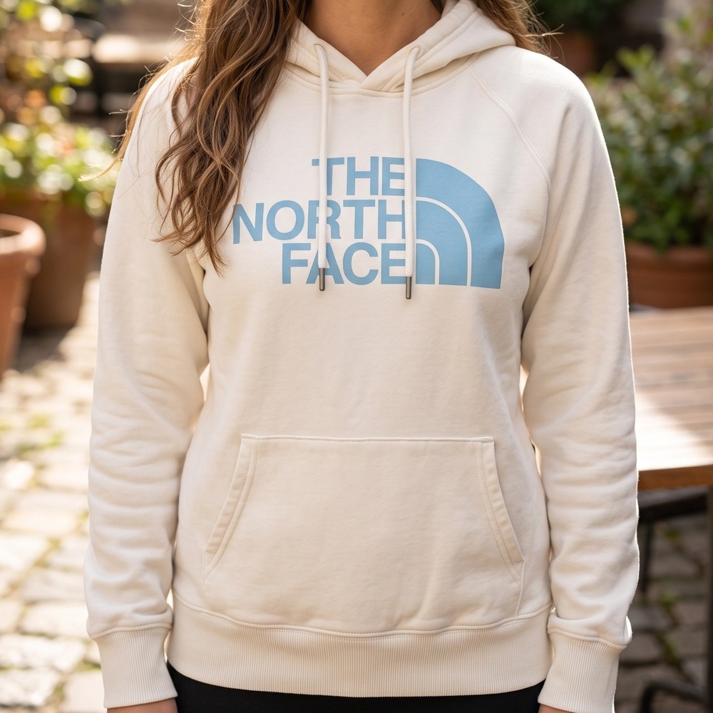 The North Face Womens Half Dome Pullover Hoodie Cream Blue Logo Raglan 6596